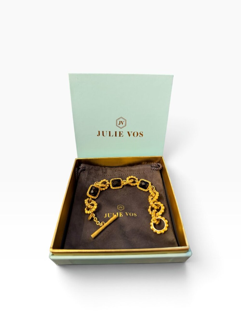 Julie Vos Black Obsidian Gold Link Bracelet Toggle Designer Jewelry